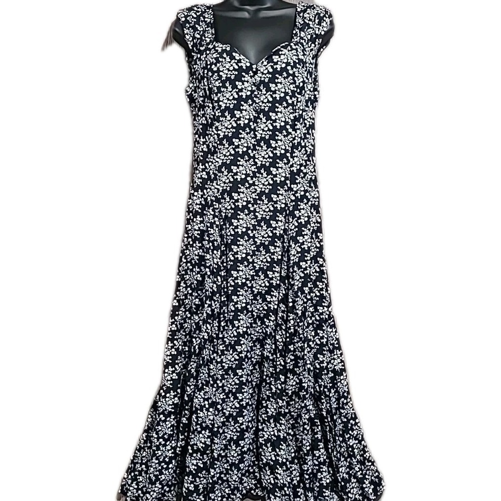 Vintage Roberta Fit & Flare Maxi Dress Size 7/8 Black & White Floral Sweetheart